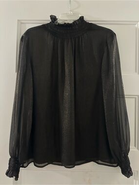 Ann Taylor Factory Black Sheer Ruffle-Neck Blouse